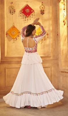WHITE THREAD EMBROIDERED WITH MIRROR VISCOSE RAYON TRADITIONAL NAVRATRI WEDDING FUNCTION FESTIVAL STITCHED LEHENGA CHOLI 5