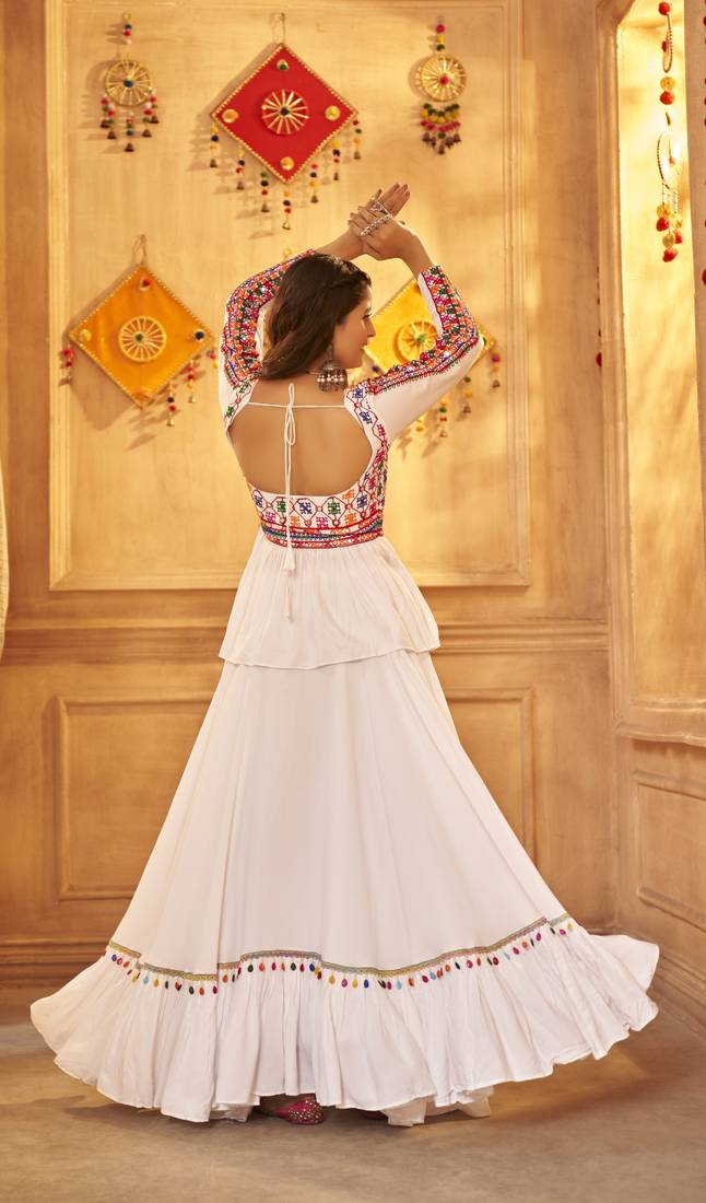 WHITE THREAD EMBROIDERED WITH MIRROR VISCOSE RAYON TRADITIONAL NAVRATRI WEDDING FUNCTION FESTIVAL STITCHED LEHENGA CHOLI