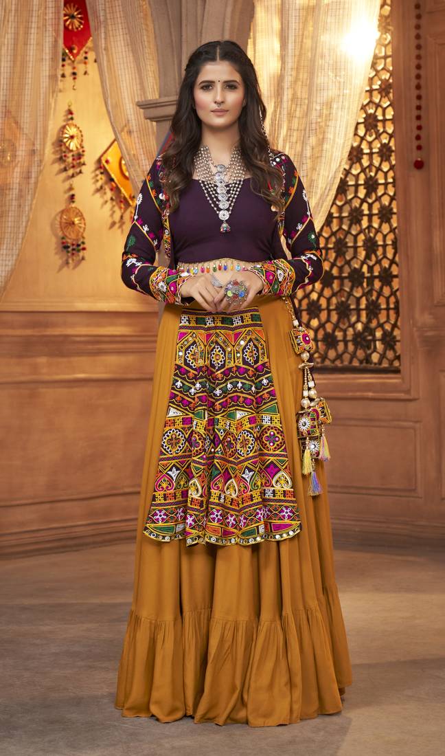 MUSTARD THREAD EMBROIDERED WITH MIRROR VISCOSE RAYON TRADITIONAL NAVRATRI FESTIVAL STITCHED LEHENGA CHOLI KOTI/SHRUG