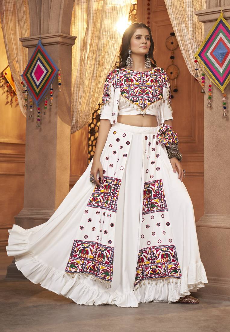 WHITE THREAD EMBROIDERED WITH MIRROR VISCOSE RAYON TRADITIONAL NAVRATRI FESTIVAL STITCHED LEHENGA CHOLI KOTI/SHRUG
