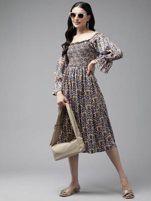 Aarika women fawn color printed georgette dress 1