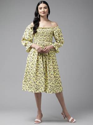 Aarika women yellow color printed georgette dress 1