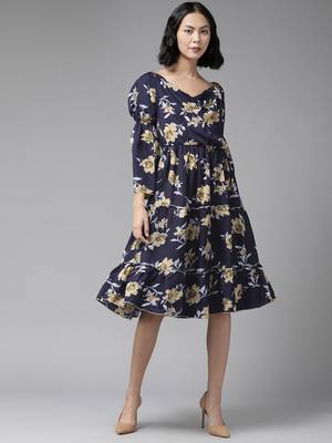 Aarika womens navy blue color cotton blend floral print middi 1