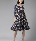 Aarika womens navy blue color cotton blend floral print middi
