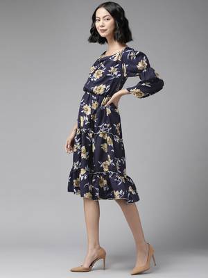 Aarika womens navy blue color cotton blend floral print middi 3