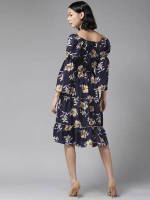 Aarika womens navy blue color cotton blend floral print middi 4