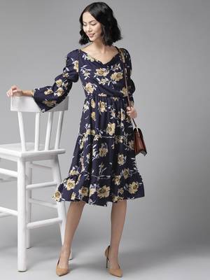 Aarika womens navy blue color cotton blend floral print middi 5