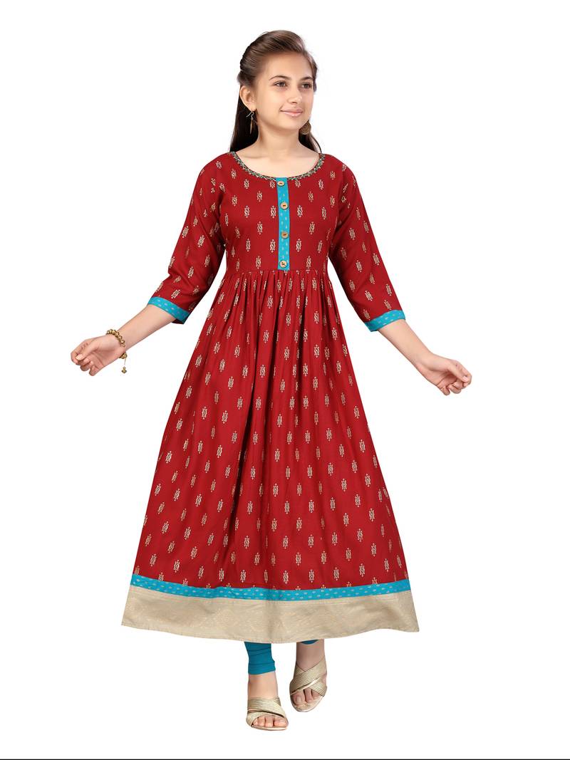 Aarika girls maroon-c-green party wear kurti legging set