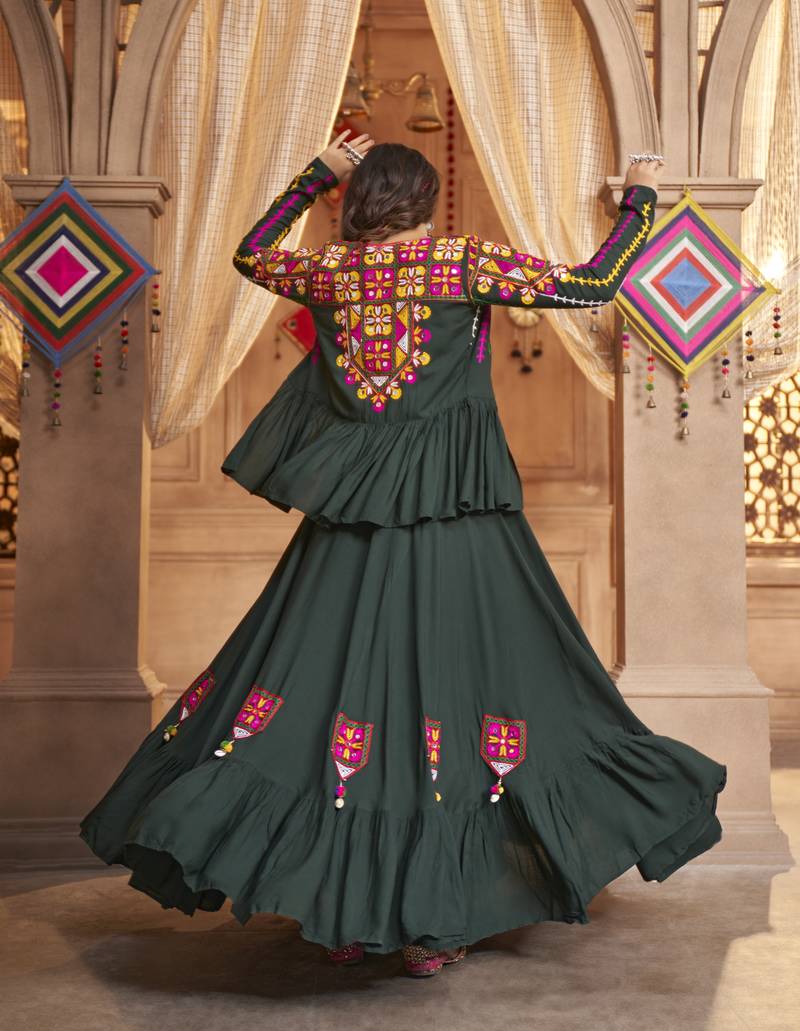 GREEN THREAD EMBROIDERED WITH MIRROR VISCOSE RAYON TRADITIONAL NAVRATRI FESTIVAL STITCHED LEHENGA CHOLI KOTI/SHRUG