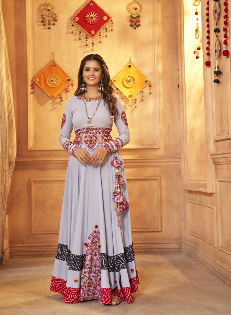 SKY BLUE THREAD EMBROIDERED WITH MIRROR VISCOSE RAYON TRADITIONAL NAVRATRI FESTIVAL STITCHED LEHENGA CHOLI