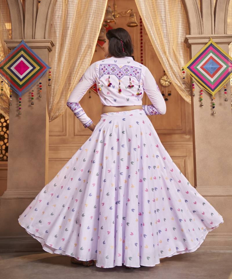 LAVENDER THREAD EMBROIDERED WITH MIRROR COTTON TRADITIONAL NAVRATRI FESTIVAL STITCHED LEHENGA CHOLI KOTI/SHRUG