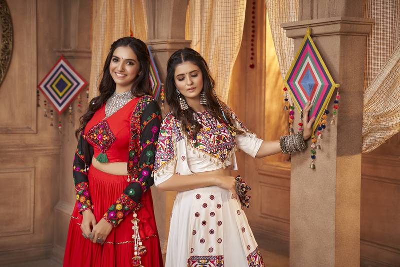 RED THREAD EMBROIDERED WITH MIRROR VISCOSE RAYON TRADITIONAL NAVRATRI FESTIVAL STITCHED LEHENGA CHOLI KOTI/SHRUG