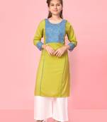 Aarika girls lime green-white color cotton printed-solid kurti palazzo set