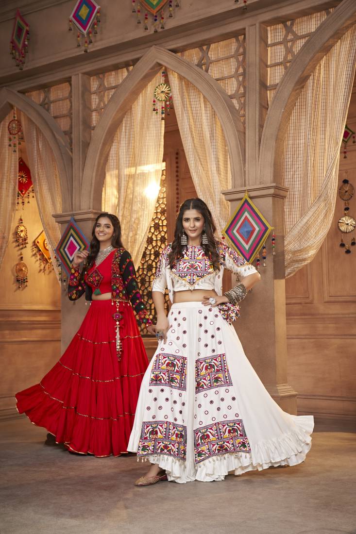 WHITE THREAD EMBROIDERED WITH MIRROR VISCOSE RAYON TRADITIONAL NAVRATRI FESTIVAL STITCHED LEHENGA CHOLI KOTI/SHRUG