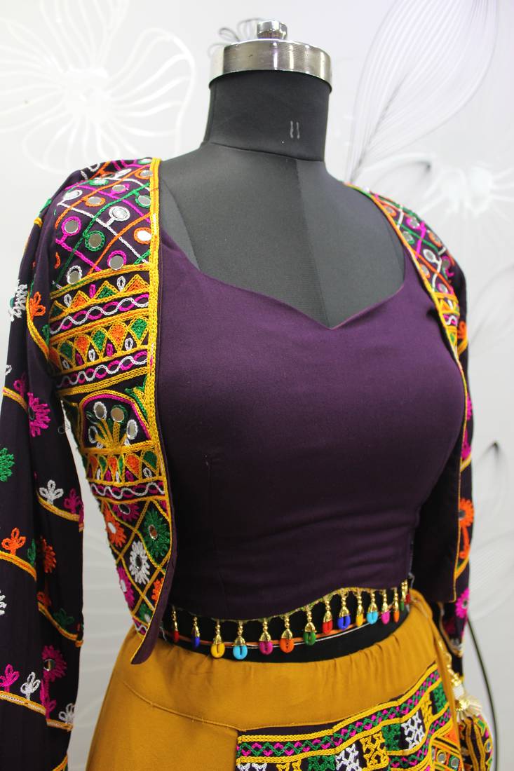 MUSTARD THREAD EMBROIDERED WITH MIRROR VISCOSE RAYON TRADITIONAL NAVRATRI FESTIVAL STITCHED LEHENGA CHOLI KOTI/SHRUG