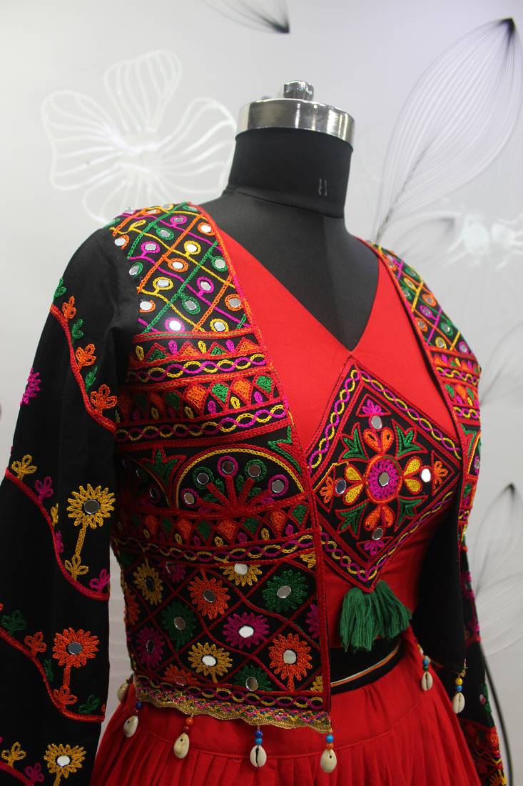 RED THREAD EMBROIDERED WITH MIRROR VISCOSE RAYON TRADITIONAL NAVRATRI FESTIVAL STITCHED LEHENGA CHOLI KOTI/SHRUG