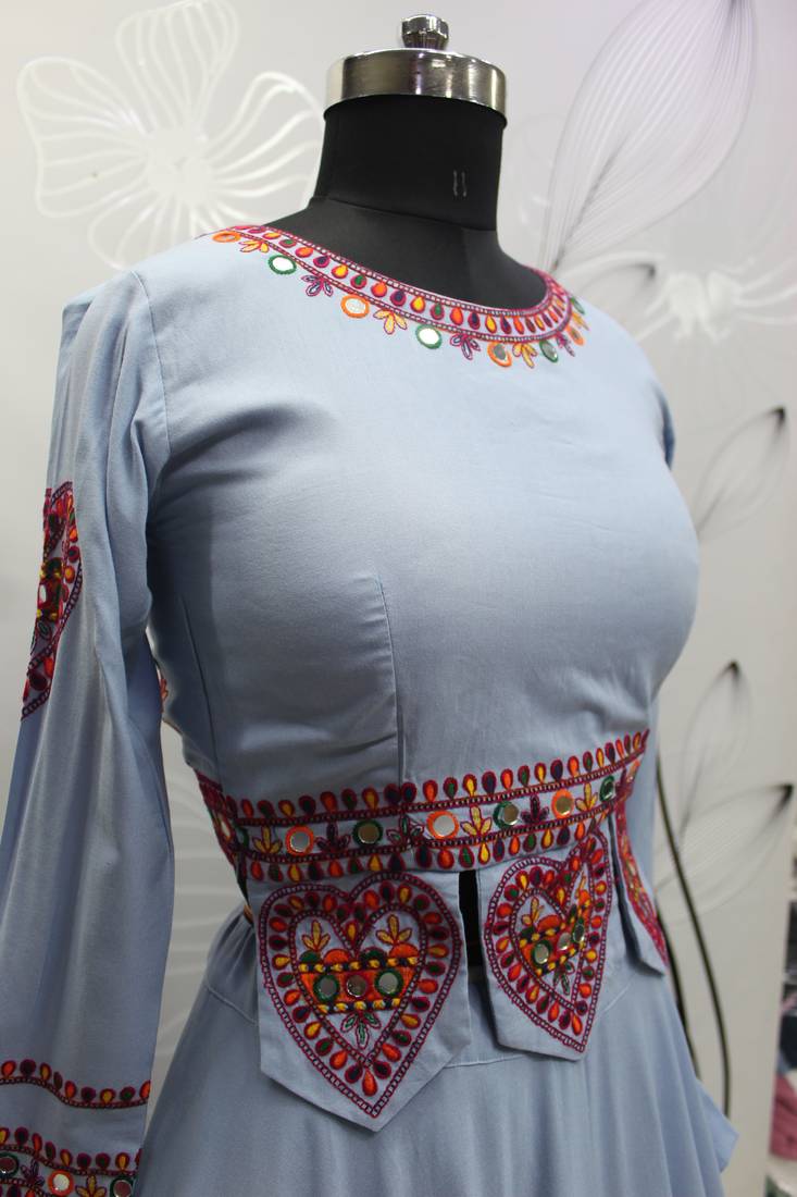 SKY BLUE THREAD EMBROIDERED WITH MIRROR VISCOSE RAYON TRADITIONAL NAVRATRI FESTIVAL STITCHED LEHENGA CHOLI