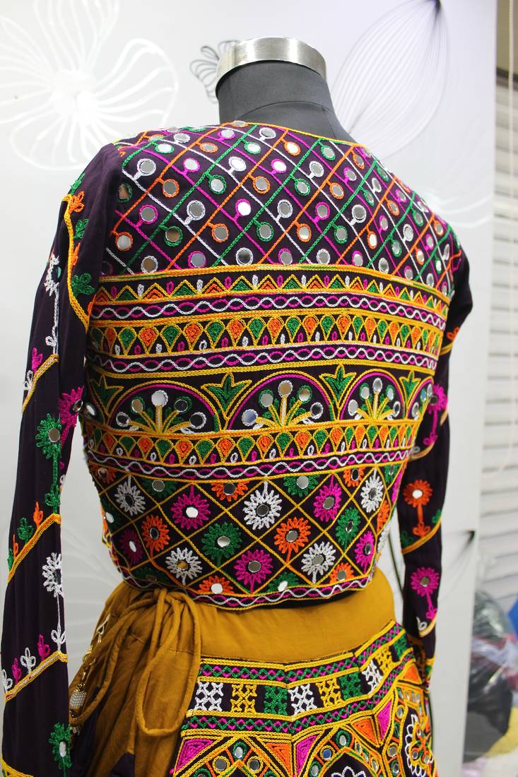 MUSTARD THREAD EMBROIDERED WITH MIRROR VISCOSE RAYON TRADITIONAL NAVRATRI FESTIVAL STITCHED LEHENGA CHOLI KOTI/SHRUG