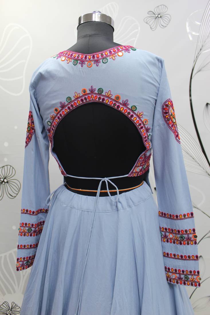 SKY BLUE THREAD EMBROIDERED WITH MIRROR VISCOSE RAYON TRADITIONAL NAVRATRI FESTIVAL STITCHED LEHENGA CHOLI