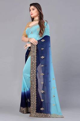 Blue Colour Georgette Saree with 700 Real Mirror and C Pallu Work 1