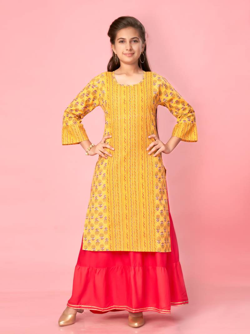 Aarika girls yellow-red color cotton printed kurti skirt set