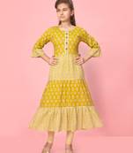 Aarika girls yellow-fawn color cotton floral kurti legging set