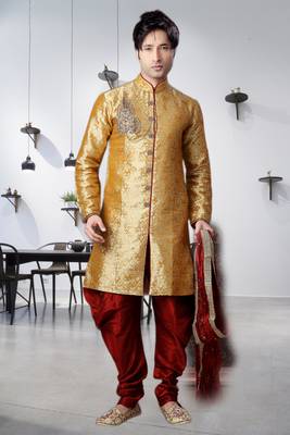 Gold Woven Jacquard Stitched Sherwani 2