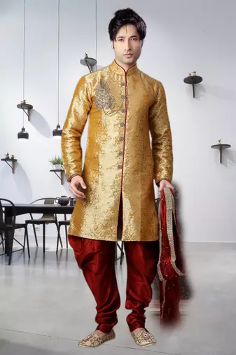Gold Woven Jacquard Stitched Sherwani