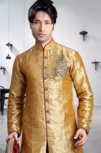Gold Woven Jacquard Stitched Sherwani