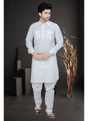Off White Embroidered Cotton Mens Kurta Pajama 2