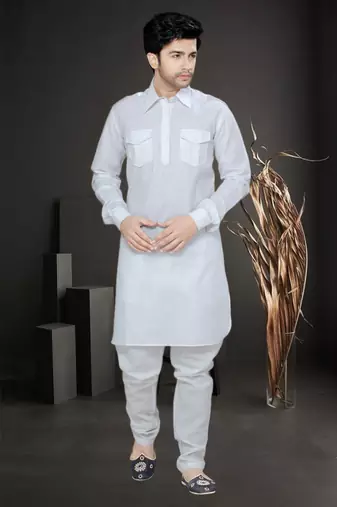 Off White Embroidered Cotton Mens Kurta Pajama