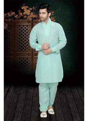 Light Green Embroidered Cotton Mens Kurta Pajama 2