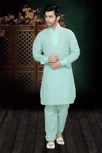 Light Green Embroidered Cotton Mens Kurta Pajama