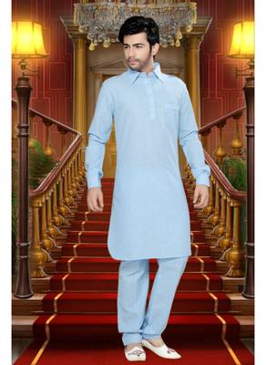 Light Blue Embroidered Cotton Mens Kurta Pajama 2