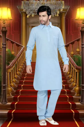 Light Blue Embroidered Cotton Mens Kurta Pajama