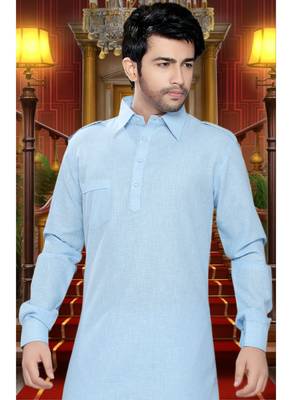 Light Blue Embroidered Cotton Mens Kurta Pajama 3