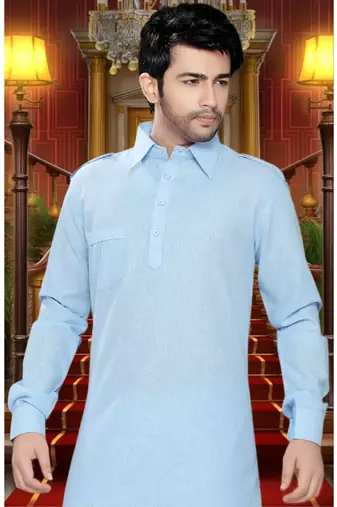 Light Blue Embroidered Cotton Mens Kurta Pajama