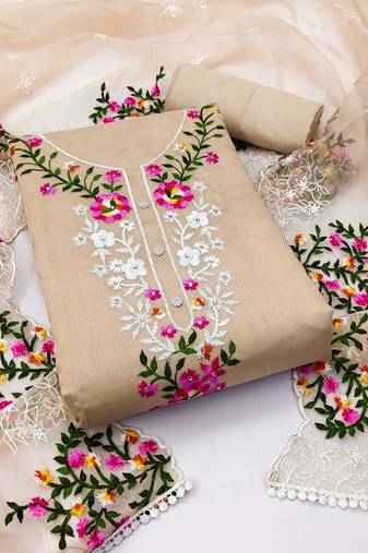 Beige Modal Chanderi Embroidered Work Dress Material With Inner