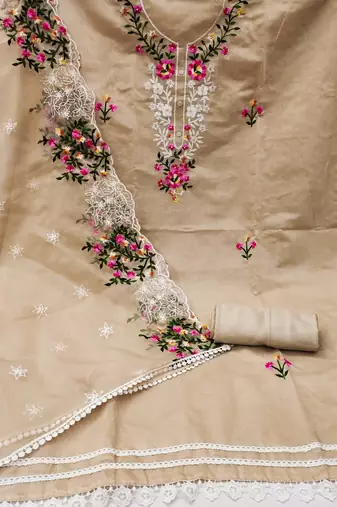 Beige Modal Chanderi Embroidered Work Dress Material With Inner