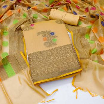 Beige Banarasi Jacquard Woven Work Dress Material With Inner 1