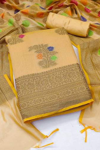 Beige Banarasi Jacquard Woven Work Dress Material With Inner