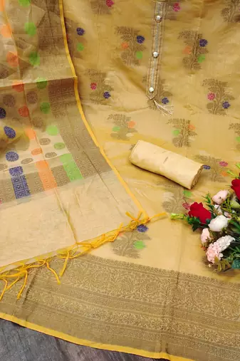 Beige Banarasi Jacquard Woven Work Dress Material With Inner