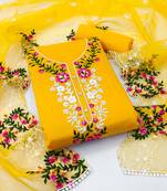 Yellow Modal Chanderi Embroidered Work Dress Material With Inner