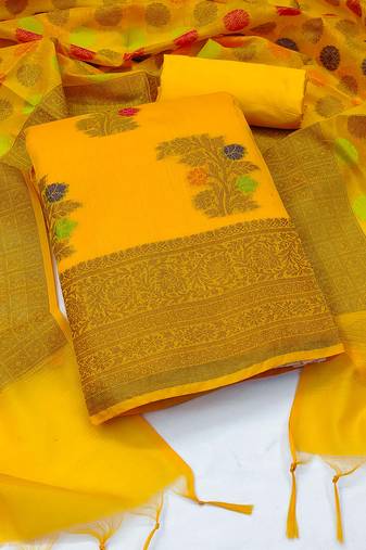 Mustard Banarasi Jacquard Woven Work Dress Material With Inner