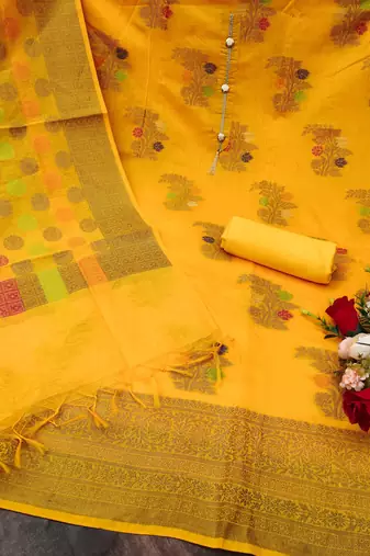 Mustard Banarasi Jacquard Woven Work Dress Material With Inner