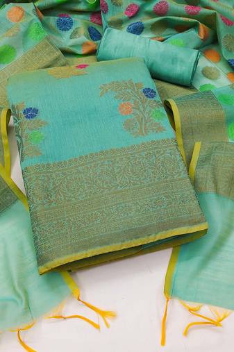 Turquoise Banarasi Jacquard Woven Work Dress Material With Inner