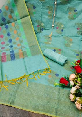 Turquoise Banarasi Jacquard Woven Work Dress Material With Inner 2
