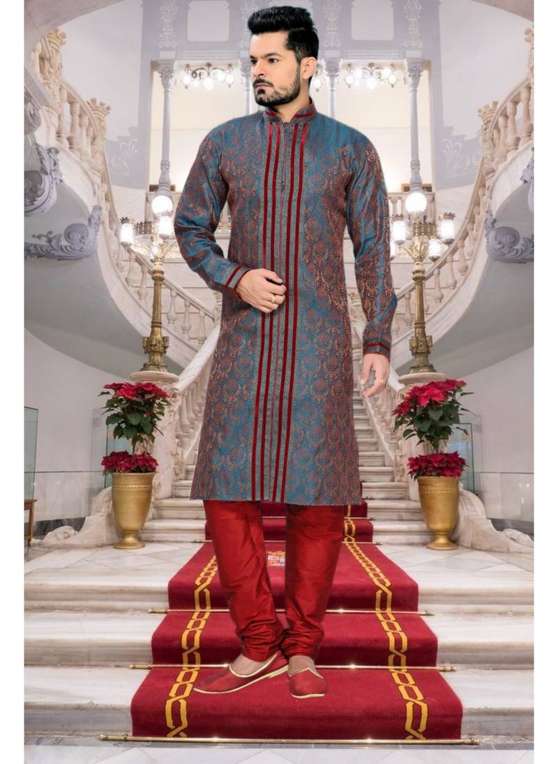 Green Embroidered Jacquard Mens Kurta Pajama