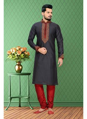 Black Embroidered Art Silk Mens Kurta Pajama 2