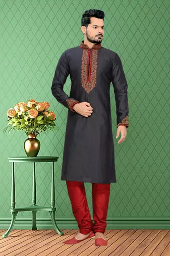 Black Embroidered Art Silk Mens Kurta Pajama
